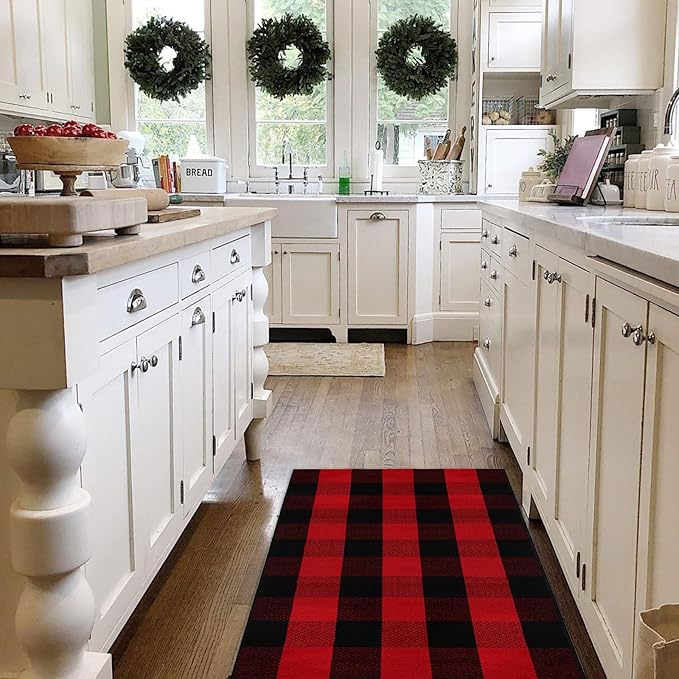 Christmas Door Mat Outdoor 27.5"x43" Buffalo Plaid Christmas Decor Rug Cotton Hand-Woven Layered Door Mats Washable Carpet for Front Porch, Kitchen, Farmhouse, Entryway