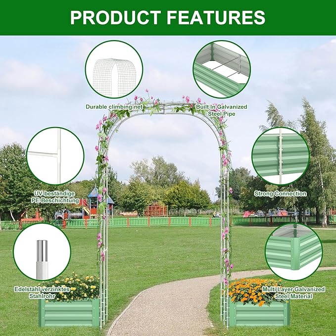 SUNYRISY Galvanized Raised Garden Bed with 87" H Arch Trellis for Climbing Plants Outdoor, Metal Planter Box with Netting for Gardening Flowers Vegetables Fruit, Green
