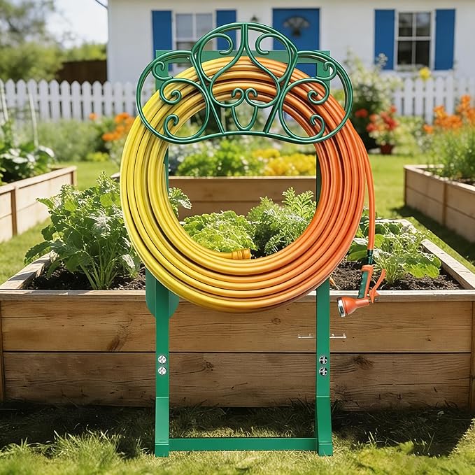Garden Hose Holder with 2 Tool Hooks Heavy-Duty Freestanding Water Hose Holder Holds 160Ft Hoses, Rustproof Freestanding Hose Stand with 4 Spikes Hose Hanger Storage Reel Rack for Outside, Yard, Lawn