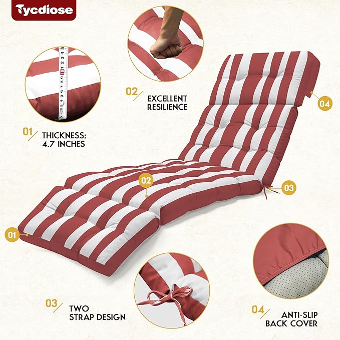 Chaise Lounge Cushions Outdoor Set of 2, 74.4 x 22 x 4.7 Inch Thickened Lounge Chair Cushions Waterproof for Outdoor Furniture with Ties, Non-Slip Patio Pool Lounge Cushions, Stripe Red&White