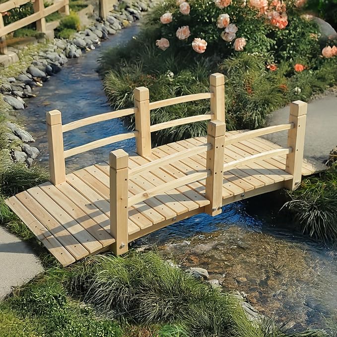 Wood Garden Bridge Classic Wooden Arch Stained Finish Footbridge with Safety Railings, 530 lbs Capacity, Decorative Pond Bridge Landscaping for Outdoor Garden Backyard Creek Farm, Natural