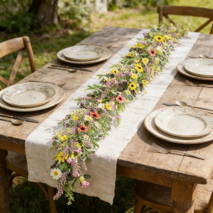 2Pcs 6.5 Ft Summer Flower Vine Garlands Artificial Wildflower Wisteria Lavender Daisy Spring Garland Not Withering Floral Wreath Garland All Year Round Home Decor for Indoor Outdoor Home Wedding Arch