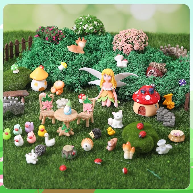 54 Pcs Fairy Garden Accessories, Mini Resin Animals Figures, Miniature Table and Chairs, Bridge, Fence, Fairy House Kit with 50g Artificial Moss for DIY Craft Landscape Bonsai Glass Container