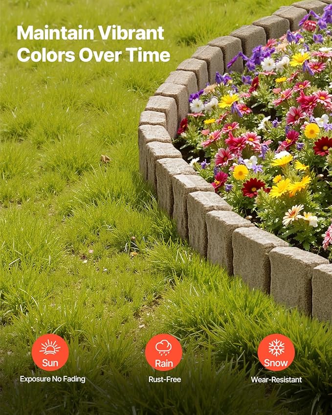 VEVOR Faux Stone Landscape Edging, No Dig Garden Edging Border, Flexible Blocks for Lawn Edging, Flower Beds, Driveway, Yards with 12 Spikes, 4 Pack 24 Bricks 16FT Kit, 47.2" Lx 4" W x 9" H, Beige