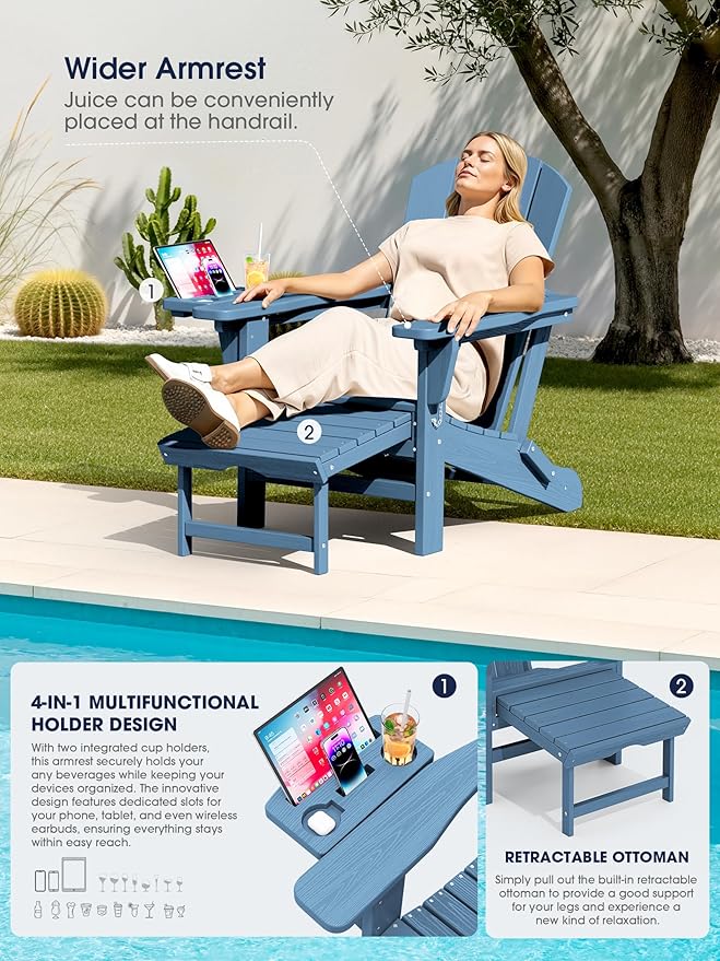 KINGYES Adjustable Folding Adirondack Chair with Footrest & 4-in-1 Multi-Functional Armrest Organizer, HDPE Foldable Recliner Adirondack Chair with Pull-Out Ottoman, Blue