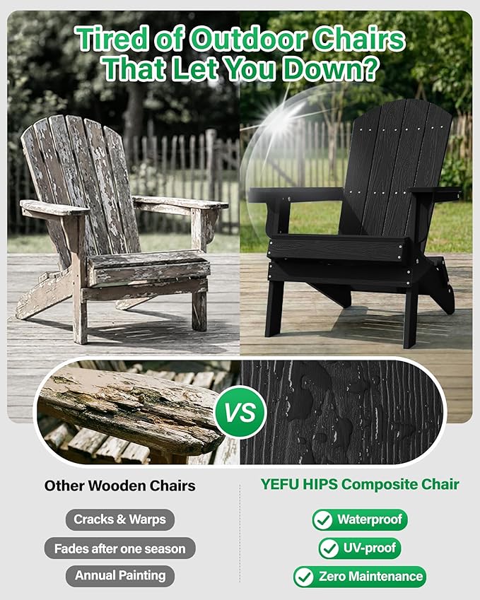 YEFU Adirondack Chair, Foldable Oversized Plastic Adirondack Chair Set of 4 with Cup Holder, Patio Chair with Weather Resistant for Outside Deck Lawn, Weight Capacity Up to 400 Lbs –Black