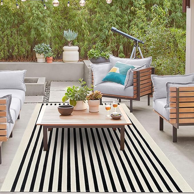 IOHOUZE Black Beige Striped Rug -5'x8' Indoor Outdoor Rug, Washable Area Rug for Living Room, Large Patio Rug, Cotton Striped Rugs for Patio Living Room Bedroom