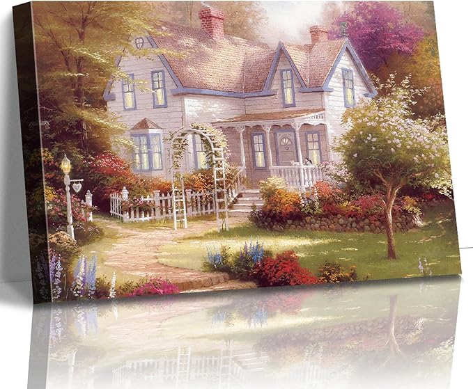 STUDIO HAVEN Thomas Kinkade Canvas Wall Art, Garden Cottage White Picket Fence Flower Archway Lush Bloom Oil Painting Poster Charming Countryside Wall Decor, Framed Prints for Home Decor, 36x24Inch