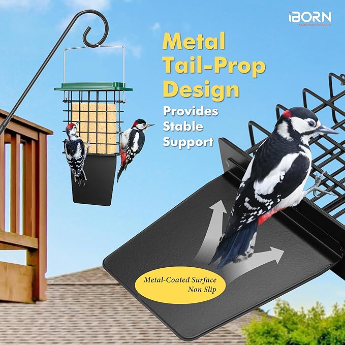 iBorn Suet Feeder with Tail Prop,Woodpecker Feeder,Suet Feeders for Outside Hanging,Suet Bird Feeders for Outdoors,Heavy-Duty Suet Cage,Suet Holder,Rainproof Roof,Easy Clean and Refill,1 Pack,Green
