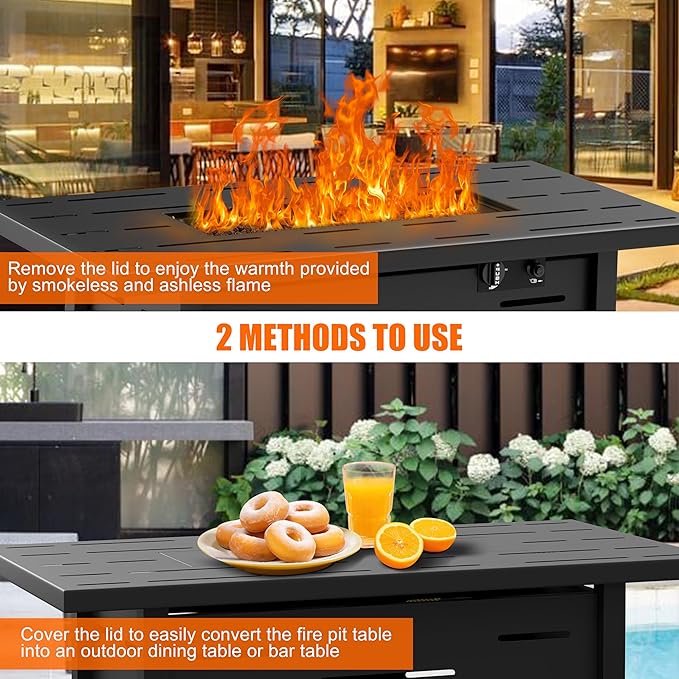 Walsunny 43 inch Outdoor Propane Fire Pit 50,000 BTU Gas Fire Pit Table with Lid, Waterproof Cover, Rectangle Gas Firepit Table for Garden/Patio, CSA Certification