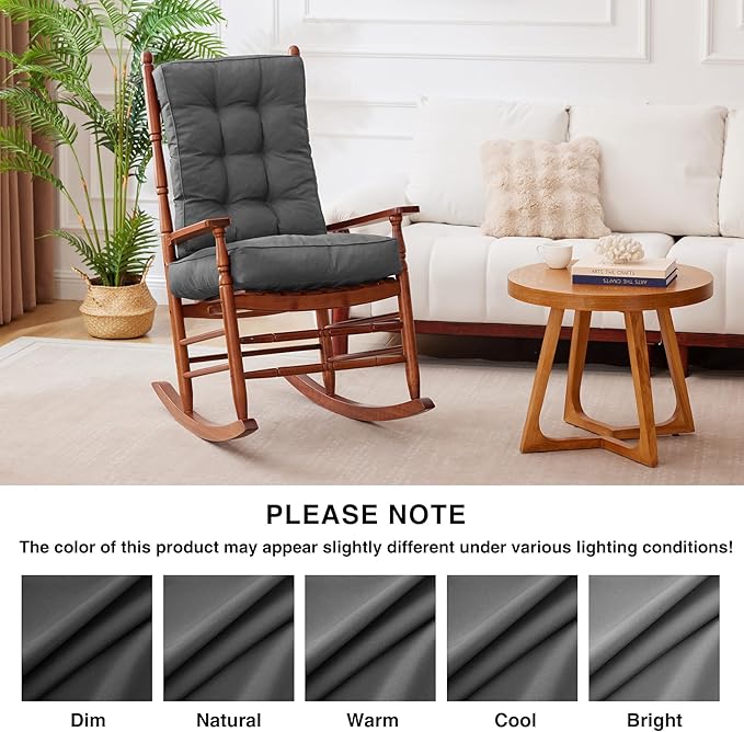 Rocking Chair Cushion, Waterproof and Fade-Resistant Patio Chair Cushions, Tufted Chair Pads for Rocker Furniture, 17x17 Inch, Indoor/Outdoor Seat Cushions with Ties, Dark Grey