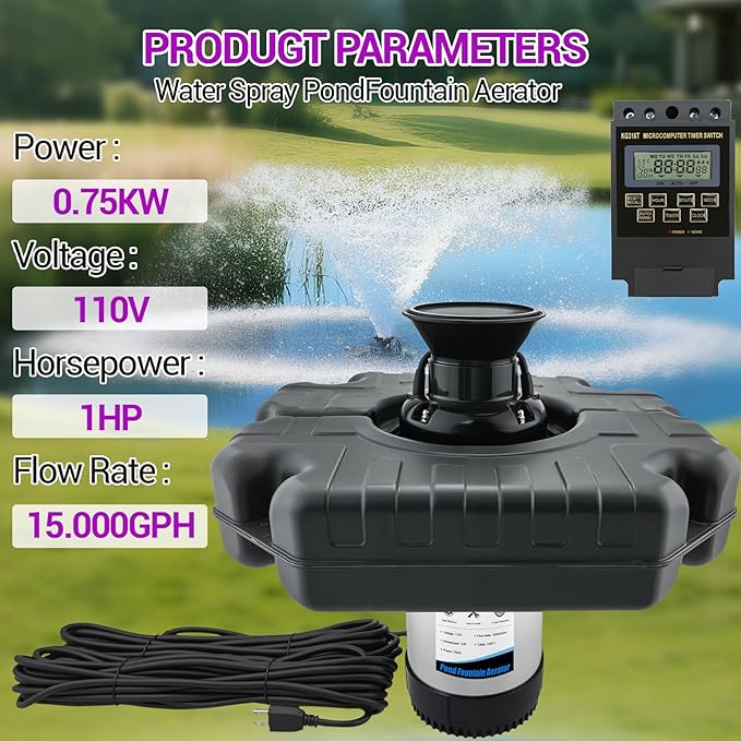 Pond Fountain Aerator, 1HP 750W Floating Fountain Aerator System for Outdoor Small Large Pond Lake, 110V 15000 GPH Fully Automatic Stainless Steel Fountain Pump with 100 Feet Power Cord