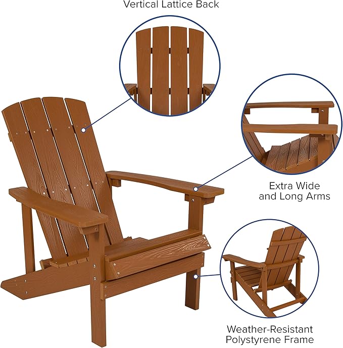 Flash Furniture Charlestown Poly Resin Adirondack Chair - Teak - All Weather - Indoor/Outdoor - Set of 4