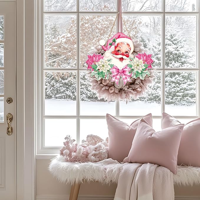Whaline Christmas Wooden Hanging Sign Pink Xmas Santa Flower Welcome Wood Sign Vintage Santa Door Decor Signs for Indoor Outdoor Porch Wall