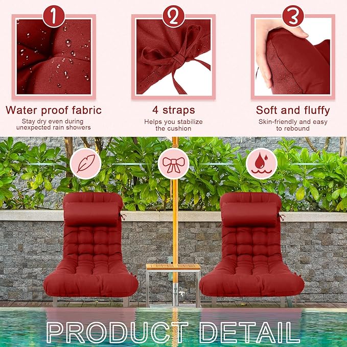 Tudomro 66'' Outdoor Chaise Lounge Cushion Waterproof Patio Lawn Pool Chaise Lounge Cushion with Headrest Pillow & Ties Weather Fade Resistant Replacement Longue Chair Pad