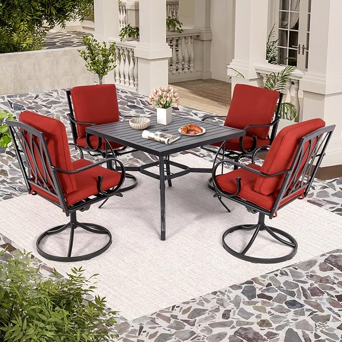 MELLCOM 5 Pcs Outdoor Dining Set, 4 Swivel Rocker Chairs with Thick Cushions & Square Dining Table with Umbrella Hole, Patio Furniture Set for Porch, Garden, Backyard, Poolside, Deck, Red
