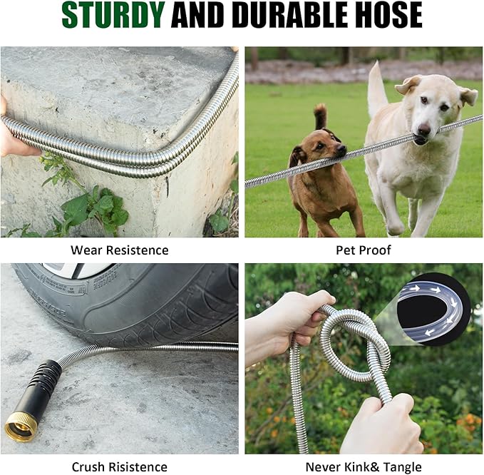 100 FT Metal Garden Hose, Stainless Steel Heavy Duty Water Hose With 10 Function Nozzles, Flexible No-Kink, Pet-Proof, Puncture-Proof Rust-Proof for Yard, Outdoors