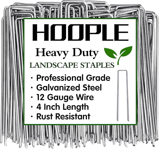 HOOPLE Landscape Staples 200 Pack 4 Inch 12 Gauge Heavy Duty Galvanized Garden Stakes, U-Shaped Landscaping Staples for Securing Weed Barrier Fabric, Ground Cover, Irrigation Tubing, and Fences