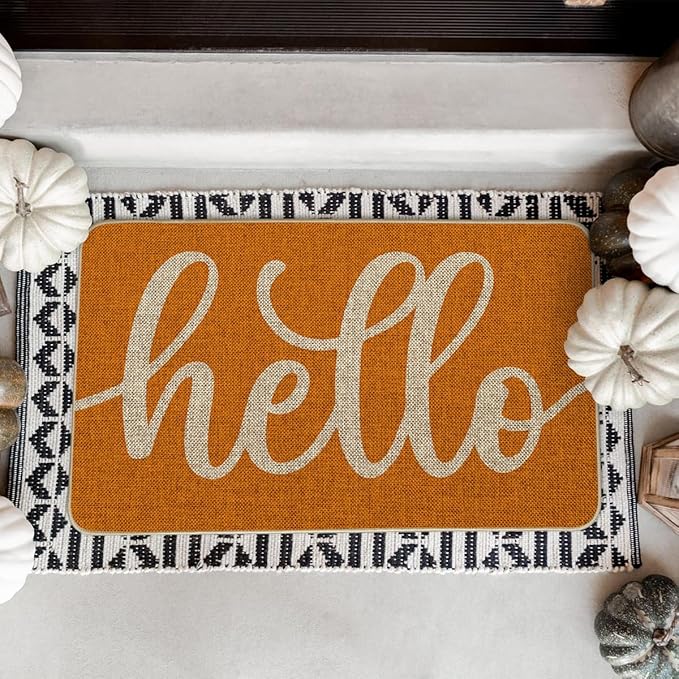Artoid Mode Orange Hello Fall Doormat, Autumn Home Decor Low-Profile Switch Rug Door Mat Floor Mat for Indoor Outdoor 17x29 Inch