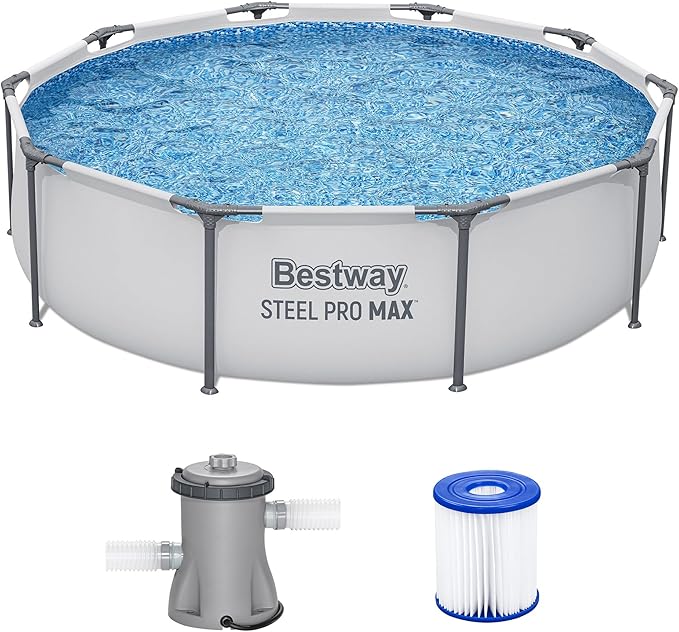 Bestway Steel Pro MAX 10' x 30" Above Ground Pool, Round Metal Frame Outdoor Swimming Pool Set with Filter Pump & Type I Cartridge, Gray