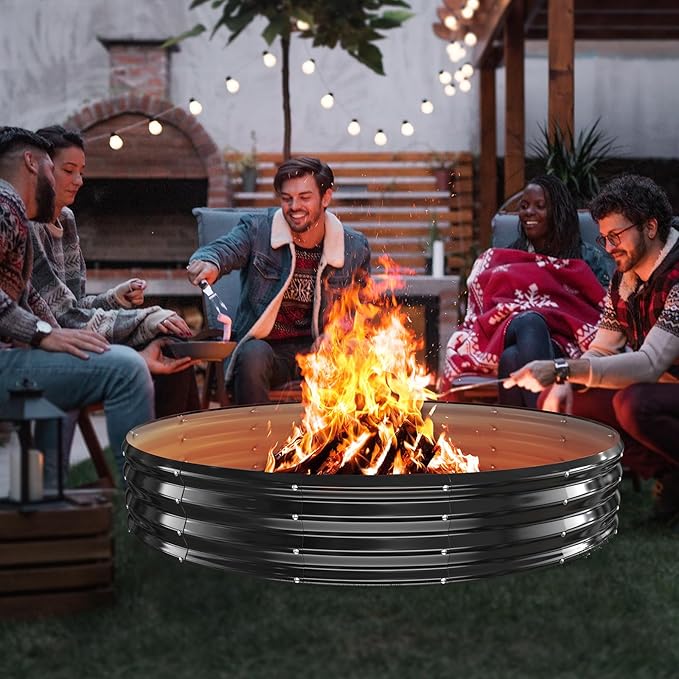 72 Inch Round Galvanized Fire Pit Ring/Fire Ring - Foldable and Perfect for Outdoor Gatherings and Campfires in The Yard/Garden/Park/Beach (Black+Gray, 6 FT Diameter+1 FT Tall)