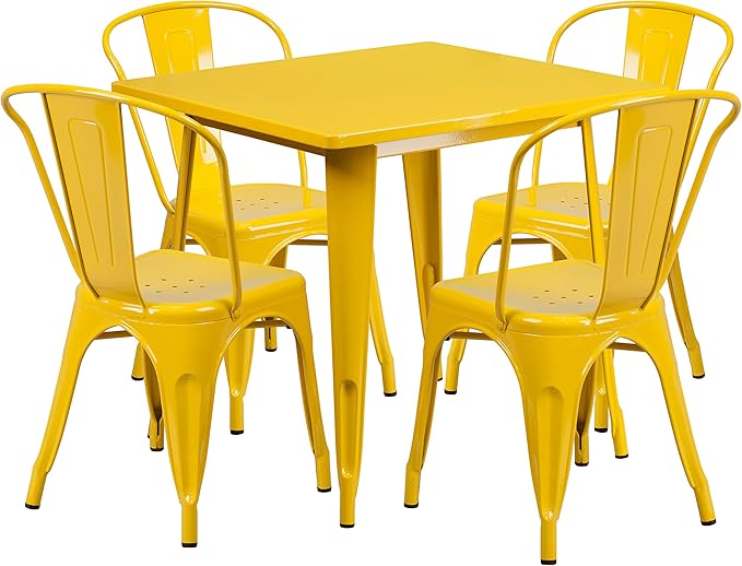EMMA + OLIVER Commercial 31.5" Square Yellow Metal Indoor-Outdoor Table Set-4 Stack Chairs