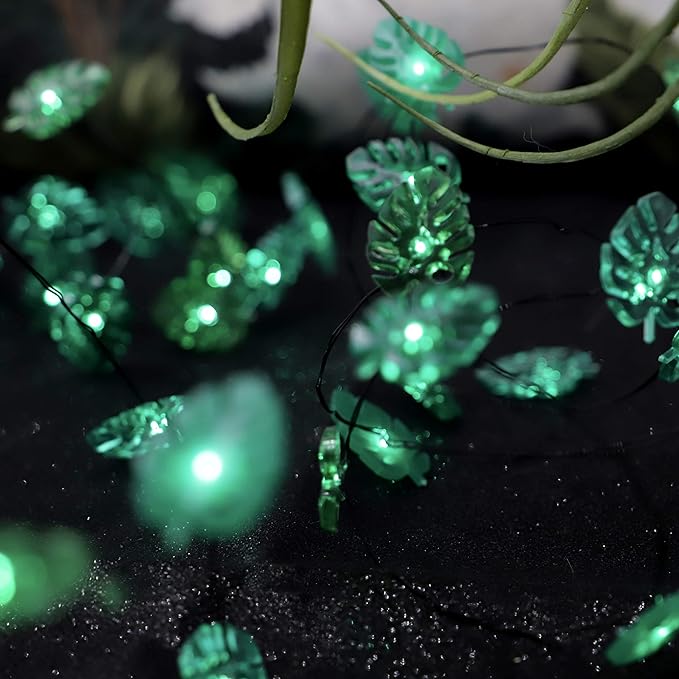 Summer Tropical Leaf Lights for Bedroom Battery - Operated Fairy Lights with Remote - Tropical Monstera Green Decor Acrylic Monstera Leaf Decor for Summer Party Home