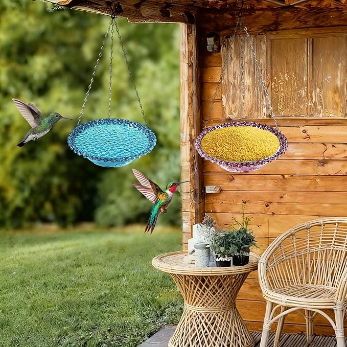 4 Pack Hanging Bird Baths Bowl Outdoor Bird Feeder 15.7 Inch Metal Chains, Weather-Resistant Hanging Bird Feeder & Bath Tray for Garden, Patio, Backyard Wildlife Decor
