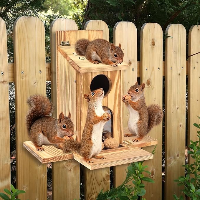 Squirrel Feeder with Standing Panel - Requires Assembly, Wooden Nut Bar Squirrel Feeders for Outside, Backyard, Wildlife, Durable Chipmunk Feeder Box for Peanut, Nuts