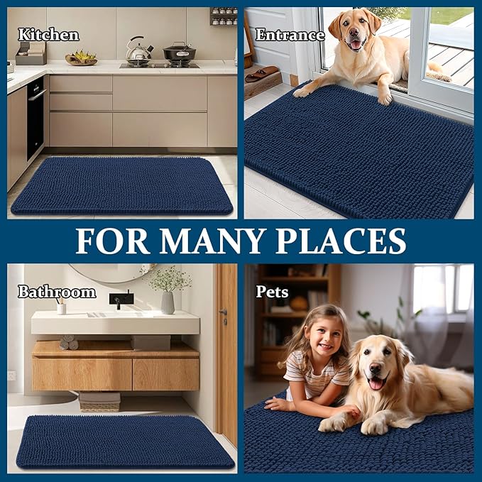 OLANLY Dog Door Mat for Muddy Paws 24x16, Absorbs Moisture and Dirt, Absorbent Non-Slip Washable Doormat, Quick Dry Chenille Mud Mat for Dogs, Entry Indoor Entryway Carpet for Inside Floor, Dark Blue