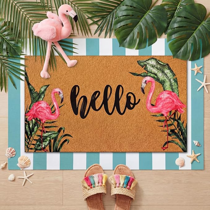 Tinideya 2 Pcs Door Mat Welcome Non Slip Coir Mats Floor Layering Doormats Seasonal for Front Porch Entryway Decor (Hello Flamingo)