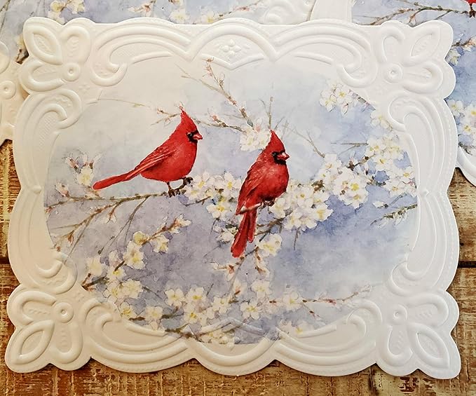 Poster Foundry Set of 3 - Red Cardinals on blue Boxed Note Cards by Carol Wilson. 10 embossed 4x5 Die-Cut Notecards and Matching Envelopes in Decorative Gift Box with Magnetic Flap. NCP2700