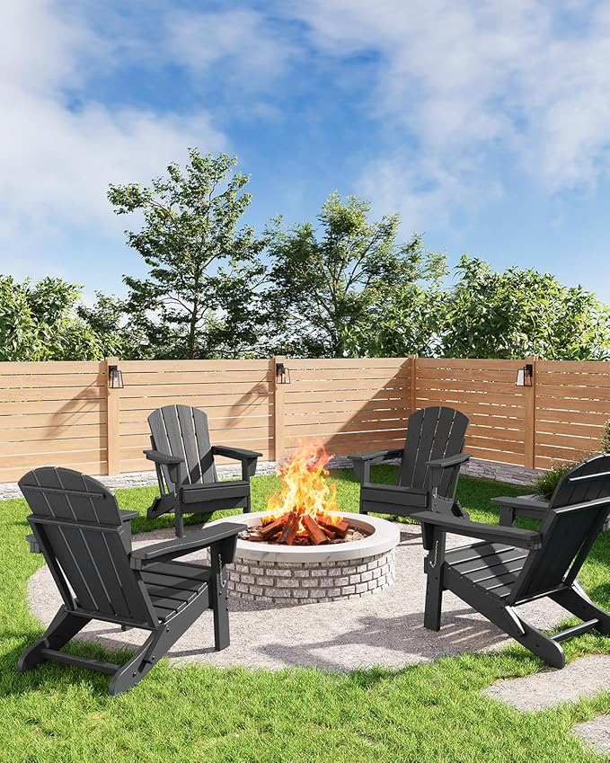 GarveeLife Folding Adirondack Chairs, HDPE Outdoor Patio Chairs All Weather Resistant with Wood Texture for Fire Pit, Deck, Patio, Pool, Backyard - Black