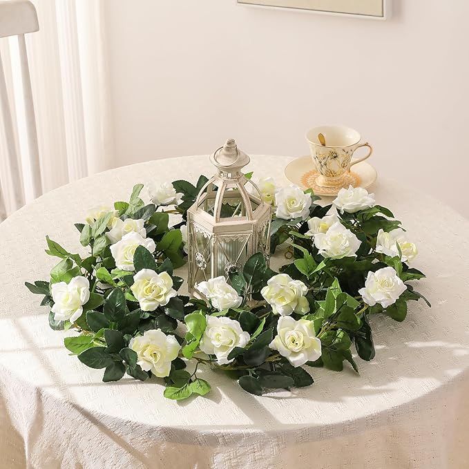 JUSTOYOU 2 Pack (15.8FT) Fake Rose Garland, Artificial Rose Vines Flowers Hanging Silk Rose Vine Wedding Home Backdrop Party Arch Arrangement Decoration