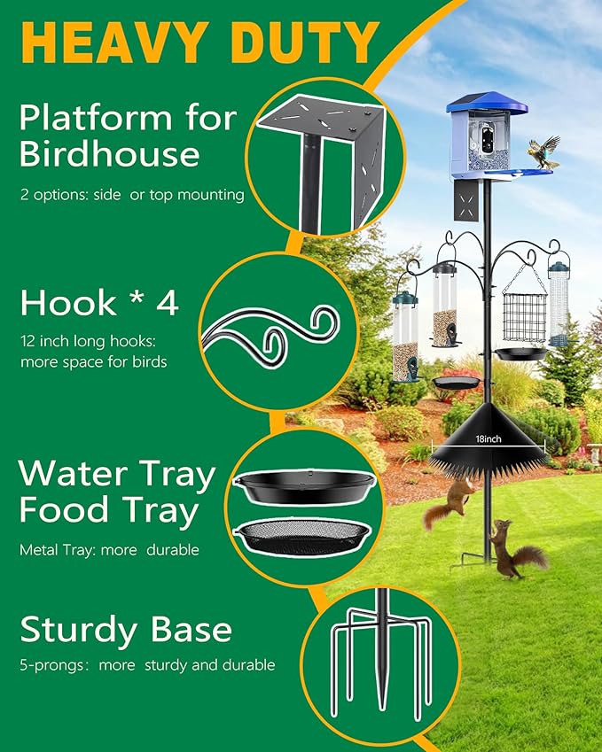 Bird Feeder Pole, 108 inch Bird Feeder Stand Station with Squirrel Proof Baffle, Outdoors Birdhouse Pole Heavy Duty, Metal Black