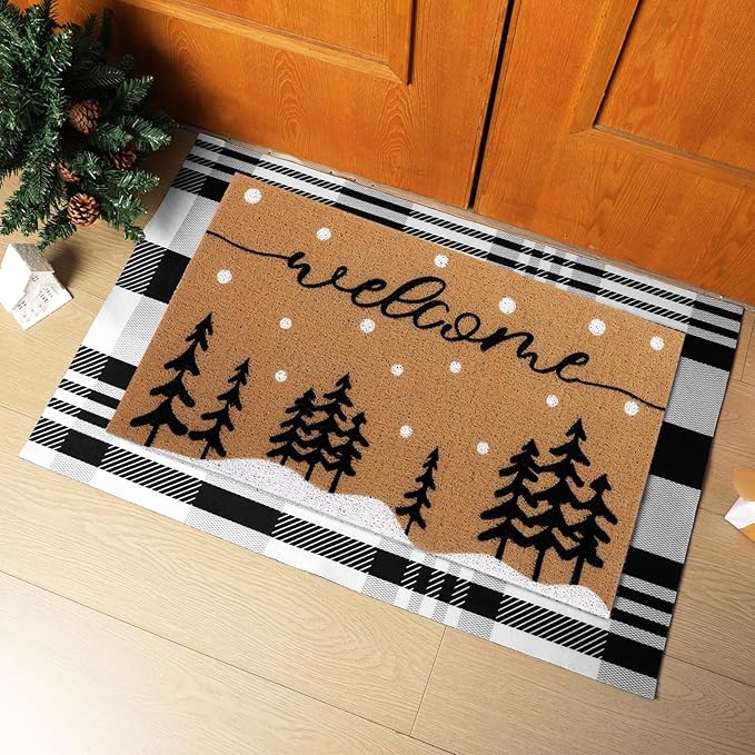 Tinideya 2 Pcs Winter Door Mat Christmas Welcome Non Slip Coir Mats Floor Layering Christmas Tree Snowy Black White Buffalo Plaid Doormats Seasonal for Front Porch Entryway Decor(Snowy Tree)