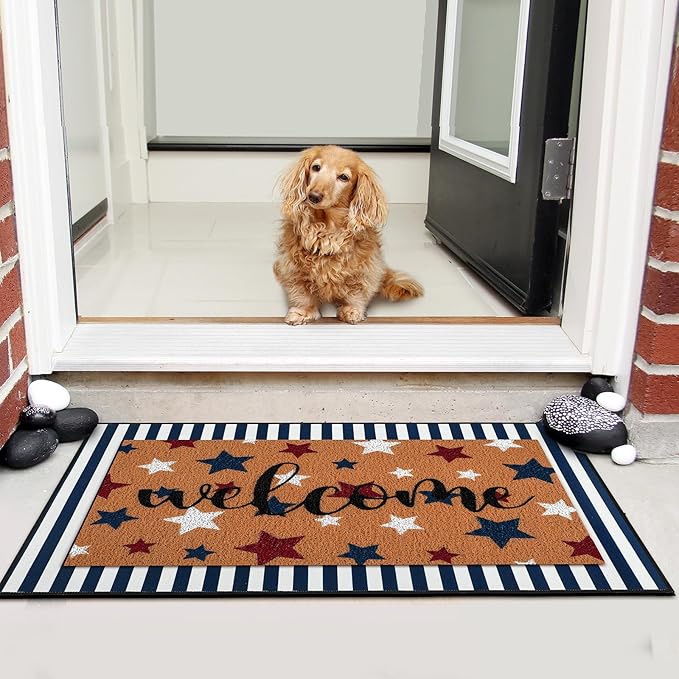 Tinideya 2 Pcs 4th of July Door Mat Patriotic Welcome Non Slip Coir Mats Red Blue White Independence Day Star Stripe Floor Layering Doormats Seasonal for Front Porch Entryway Decor(Patriotic)