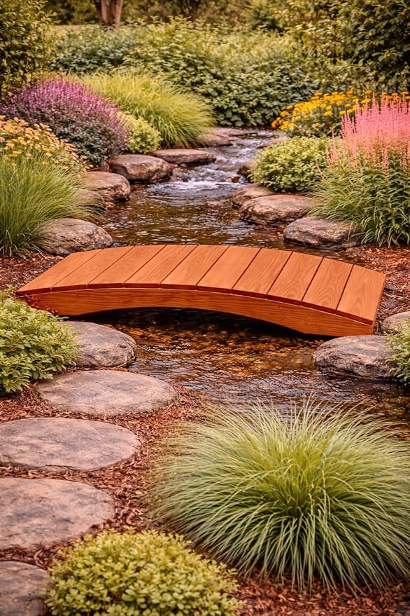 4 FT Cedar Amish Made Pinewood Heavy Duty Garden Bridge for Walkway, Backyard Pond & Landscaping, Outdoor Wooden Footbridge for Koi Pond, Japanese Style Decorative Bridge, Made in USA