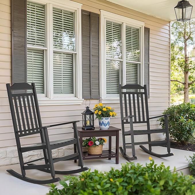 Outdoor Rocking Chair Porch Rocker All Weather Resistant Porch Rocker for Lawn Garden High Back Armrest (2,Black)