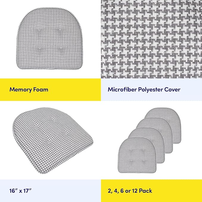 Sweet Home Collection Chair Cushion Memory Foam Pads Tufted Slip Non Skid Rubber Back U-Shaped 17" x 16" Seat Cover, 4 Count (Pack of 1), Houndsooth Gray