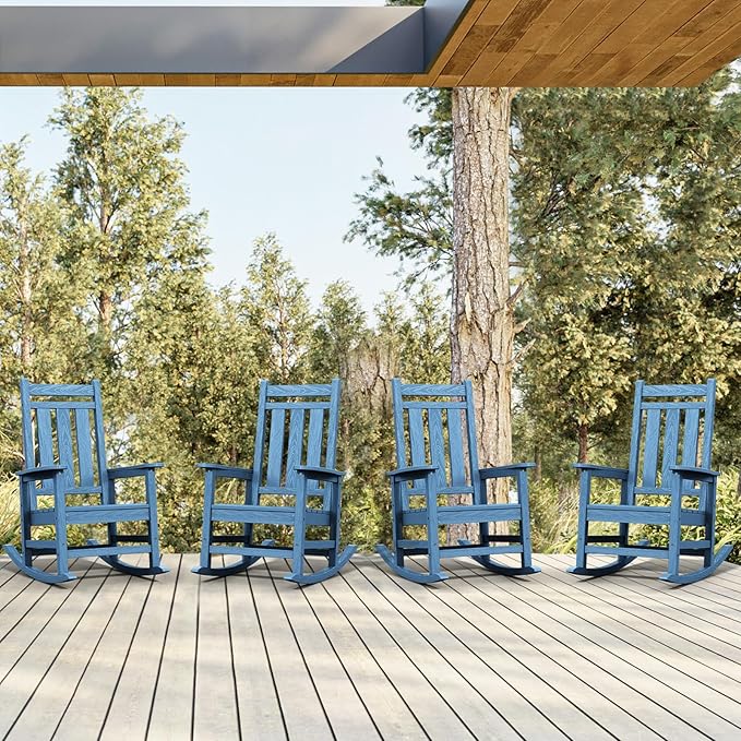 KINGYES Outdoor Rocking Chair Set of 4, All-Weather Patio Rocking Chairs for Porch, HDPE Rocking Outdoor Chairs with High Back for Adult, Heavy Duty Outdoor Patio Rockers for Garden, Lawn, Blue