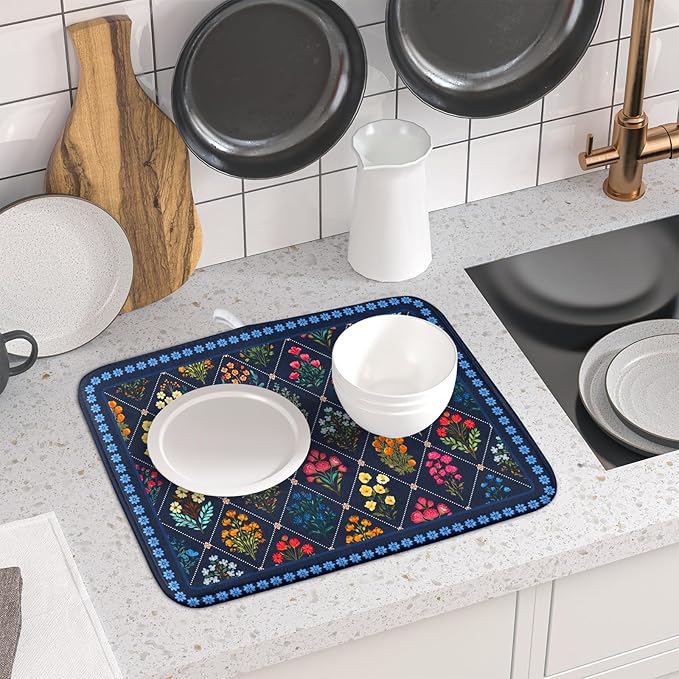 Lapis Blue Dish Drying Mat for Kitchen Counter Flowers Microfiber Absorbent Dish Draining Reusable Washable Small