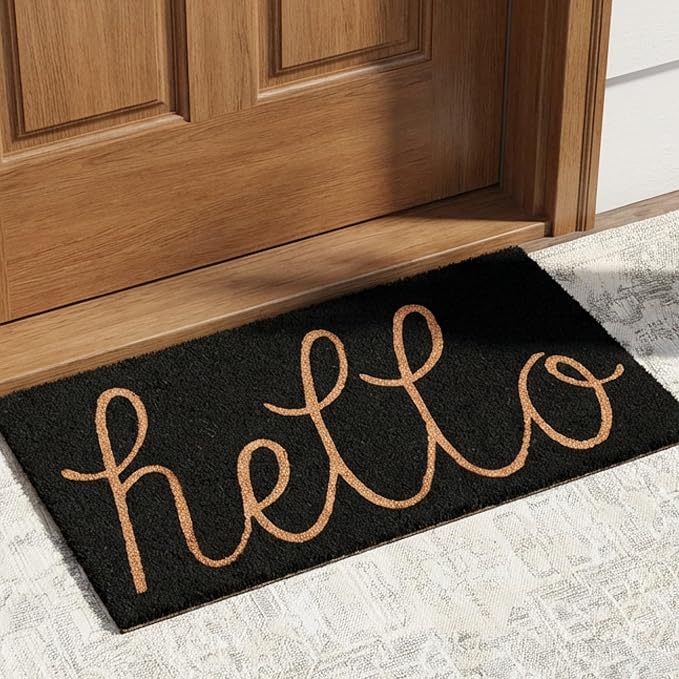 THEODORE MAGNUS Door Mat - Welcome Mat for Front Door with Non-Slip Backing - Durable Coir Doormat - Perfect for Outside Entrance and Entryway Matt - Outdoor/Indoor - Hello - Black - 17" x 30"