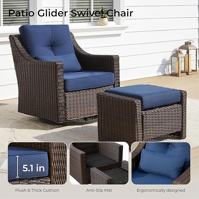 CHITA 2 Pieces Patio Wicker Furniture Set, Outdoor Rattan Bistro Set with Rocking Swivel Chair, Thickened Cushions and Ottoman