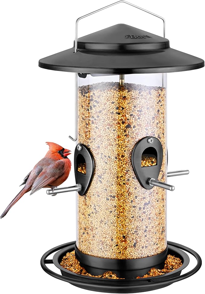 iBorn Metal Bird Feeder for Outside Hanging,Wild Bird Feeders for Cardinal,18cm Large Roof&Tray Black 10 Port(Seed is not Included)