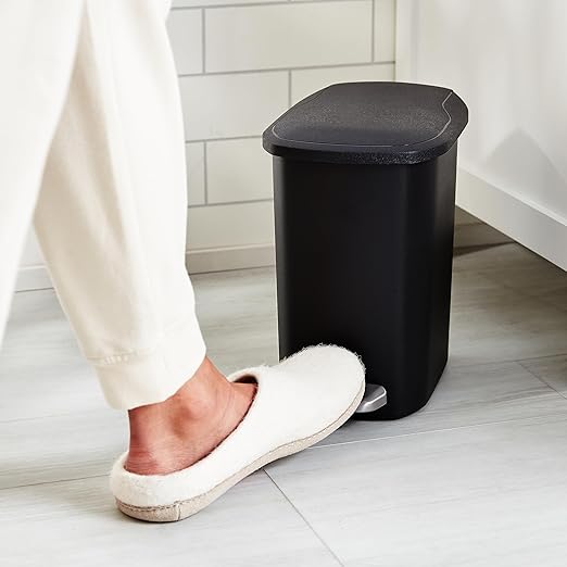 Amazon Basics Compact Plastic Bathroom Trash Can with Soft-Close Lid, Hands-Free Foot Pedal, Removable Inner Bucket, 6 Liters, Black