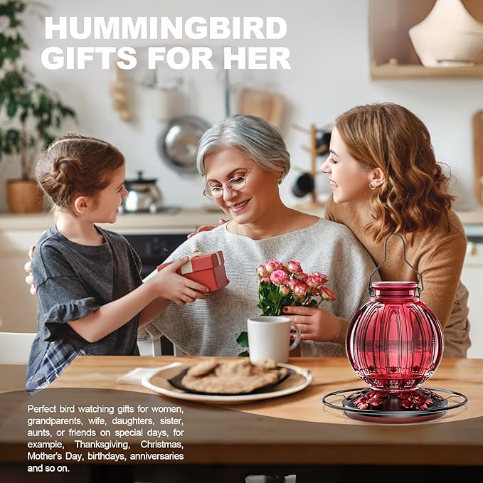 2 Pack Glass Hummingbird Feeder for Outdoors Hanging, Bird Nectar Feeder with Perch & 5 Flower Feeding Ports, 26 Oz Leak Proof for Outside Garden Decor Backyard, Gifts for Women Mom, Red & Green Blue
