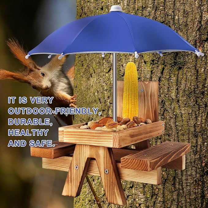 Gnodary Squirrel Feeder with Umbrella, Squirrel Feeders for Outside, Squirrel Picnic Table Feeder - Chipmunk Feeder Hold Corn, Corn Cob, Peanuts (Blue)
