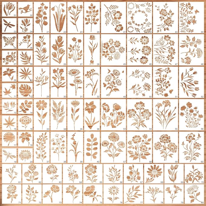 80Pcs Stencils for Painting, Stencils for Crafts Reusable Flower Wall Stencils for Drawing Art Scrapbook (6x4.7in, 5.91x2.59in, 4x4 in, 2x2in)