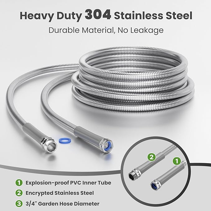 Giraffe Tools Garden Hose 50ft x 3/4", 304 Stainless Steel Metal Water Hose, No Kink Garden Water Hose with 9 Pattern Spray Nozzle, Flexible, Lightweight, Kink Free Hose for Yard, Outdoor